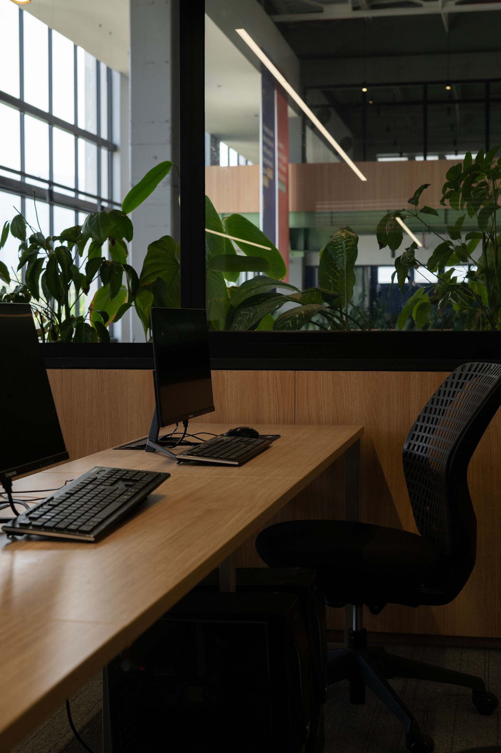 Office workspace with a desk and computer setup in a contemporary coworking space